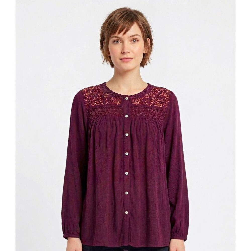 Cafe Marrakesh Womens Peasant Top 1X  Purple Embroidered Lace pintucks boho